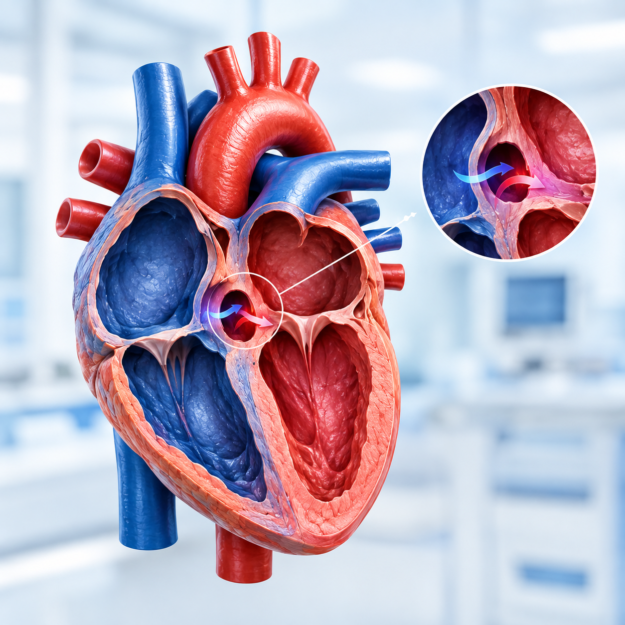 Heart with a septal defect shown in a magnified circle