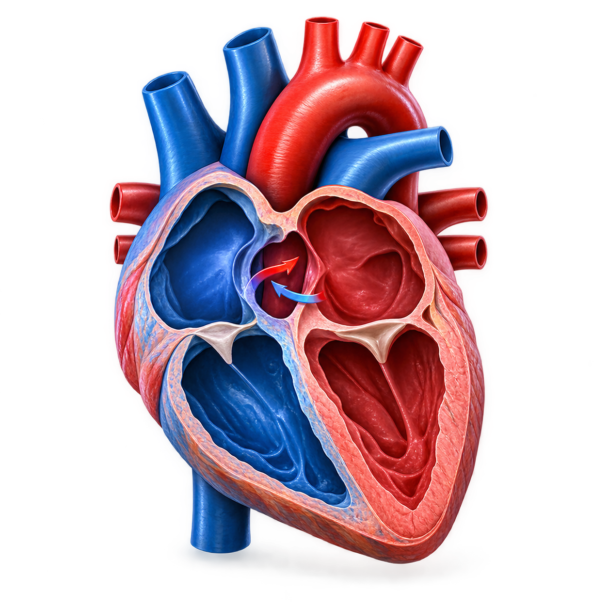 Illustration of an atrial septal defect in the upper chambers