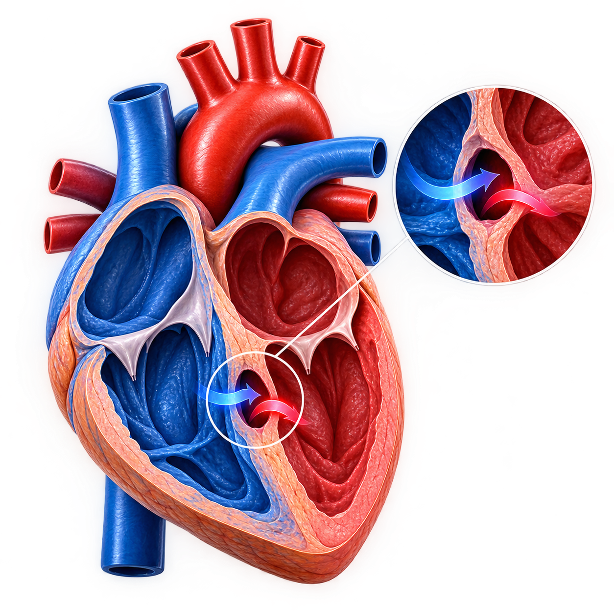 Illustration of a ventricular septal defect in the lower chambers