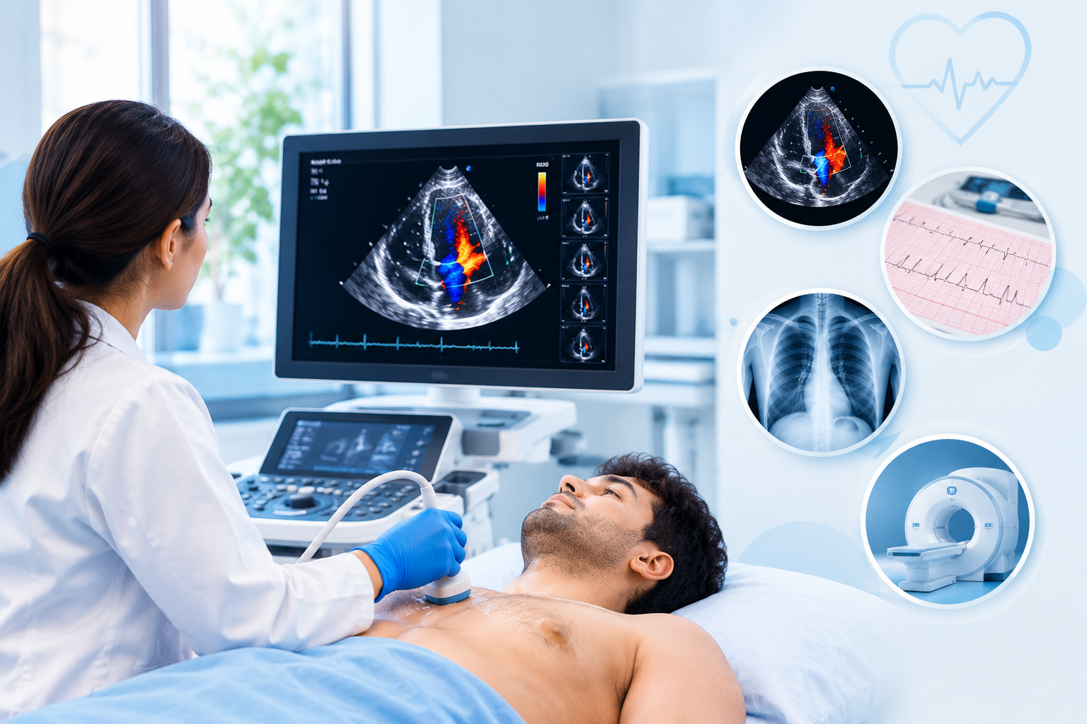 Cardiologist performing an echocardiography scan with ECG, chest X-ray and MRI views