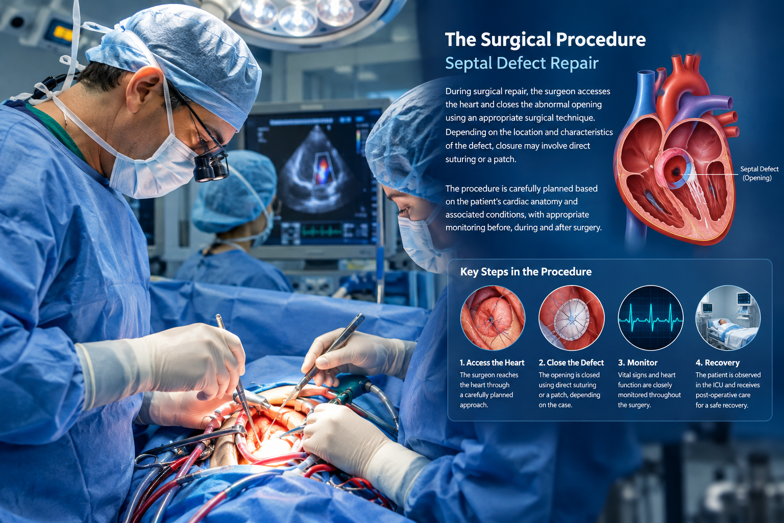 Surgeons performing septal defect repair with key steps of the procedure